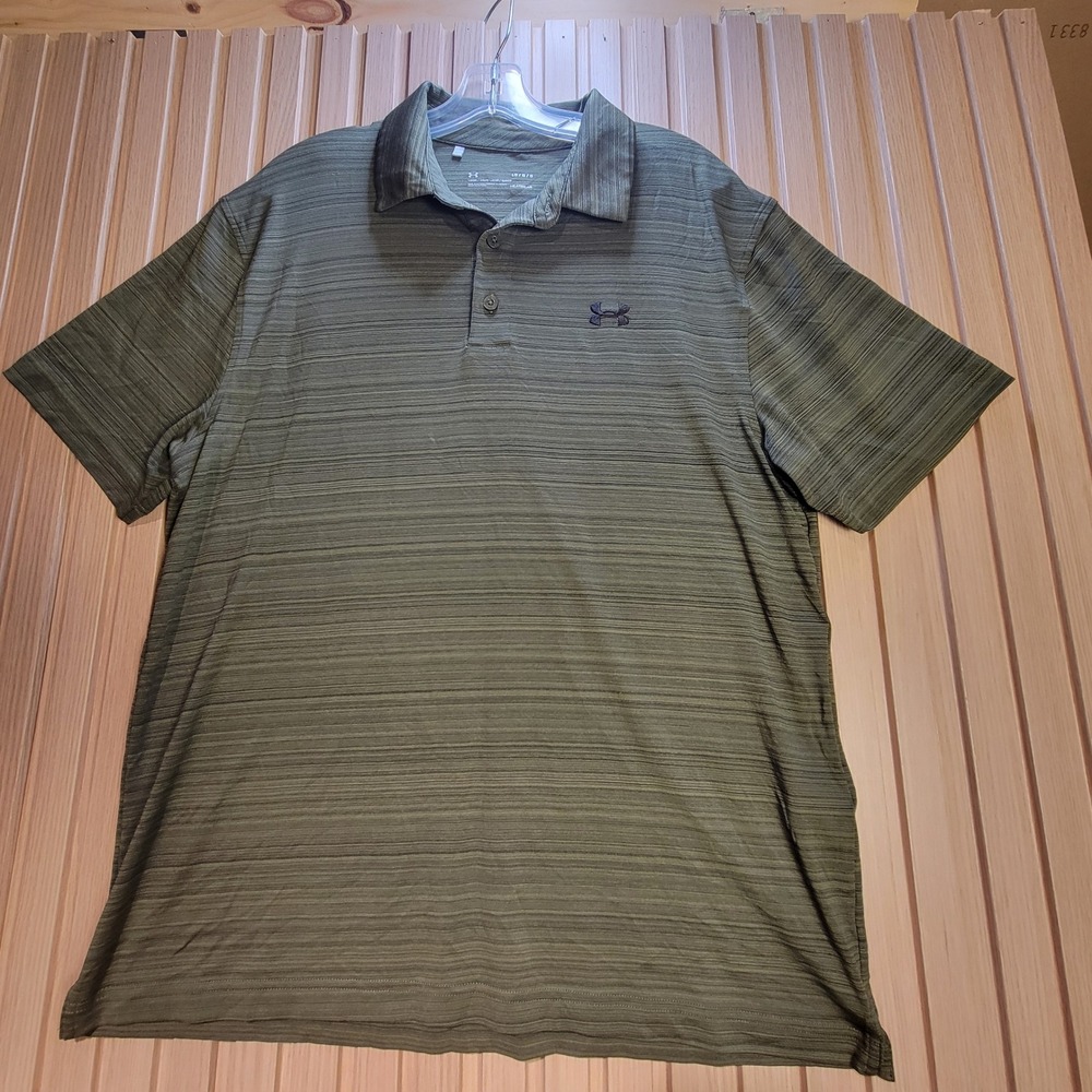 Under Armour Mens HeatGear Loose Fit Polo Shirt Olive Green Striped Large